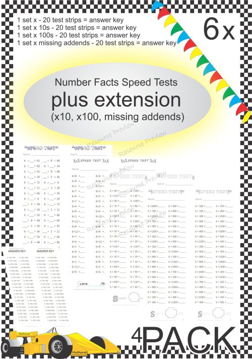 Number Facts Speed Tests Multiplication 6x plus extension (x10, x100, missing addends) PACK