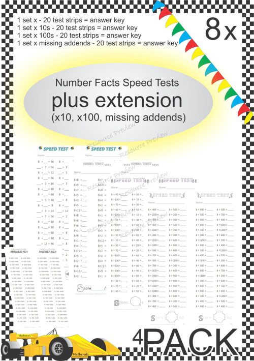 Number Facts Speed Tests Multiplication 8x plus extension (x10, x100, missing addends) PACK