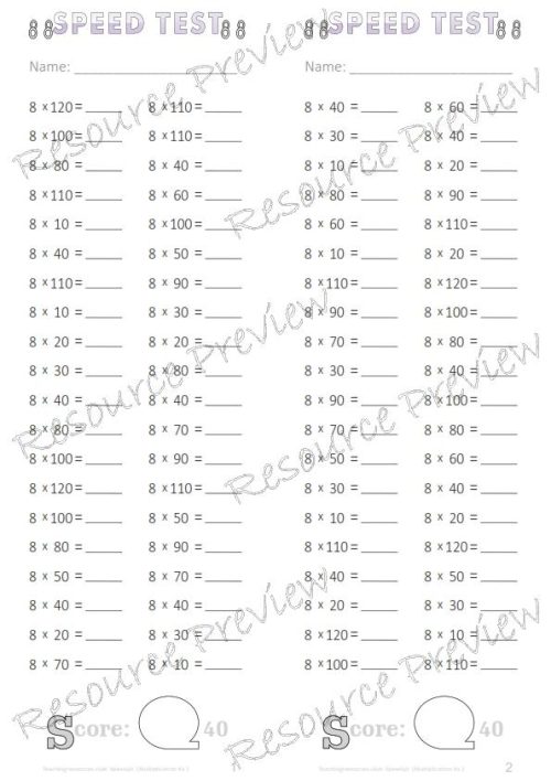 Number Facts Speed Tests Multiplication 8x plus extension (x10, x100, missing addends) PACK - Image 3